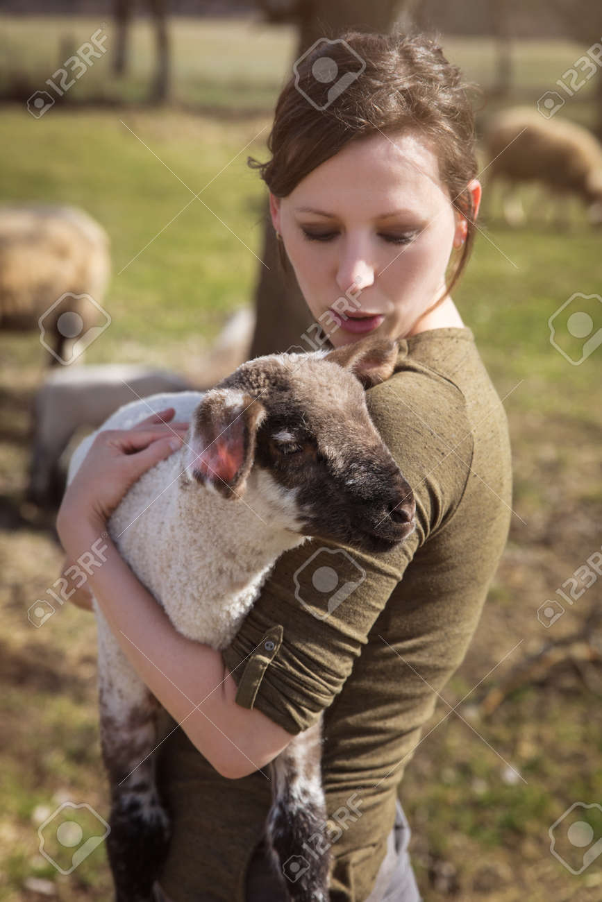 young woman holding a cute lamb, concept affectionate breeding and care - 170382680 young woman holding a cute lamb, concept affectionate breeding and care - 170382680