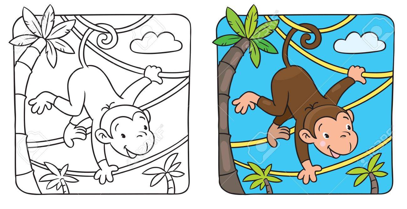 パーム子供イラスト塗り絵の近く Lians に少しの面白い猿の漫画のキャラクター のイラスト素材 ベクタ Image