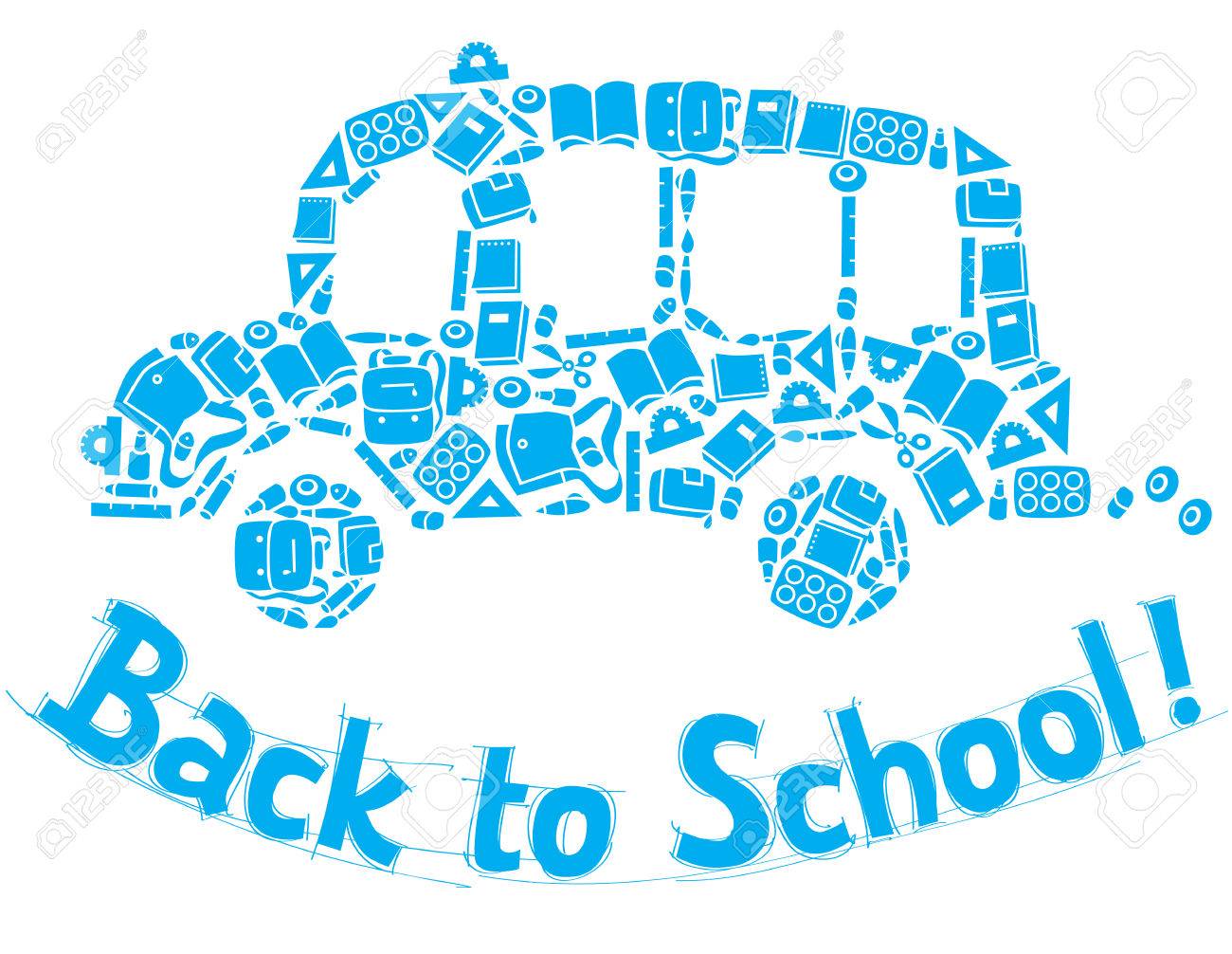 学校からスクールバスのベクトル イラストやデザイン テンプレートが学校のノート ロゴやレタリング学校に戻るようなボックスで 背景に供給します の イラスト素材 ベクタ Image