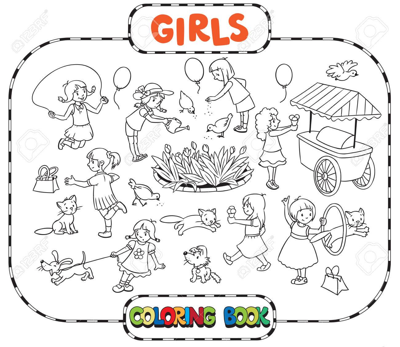 Big Coloring Book Or Coloring Picture Set Of Small Girls Playing ... Big Coloring Book Or Coloring Picture Set Of Small Girls Playing ...
