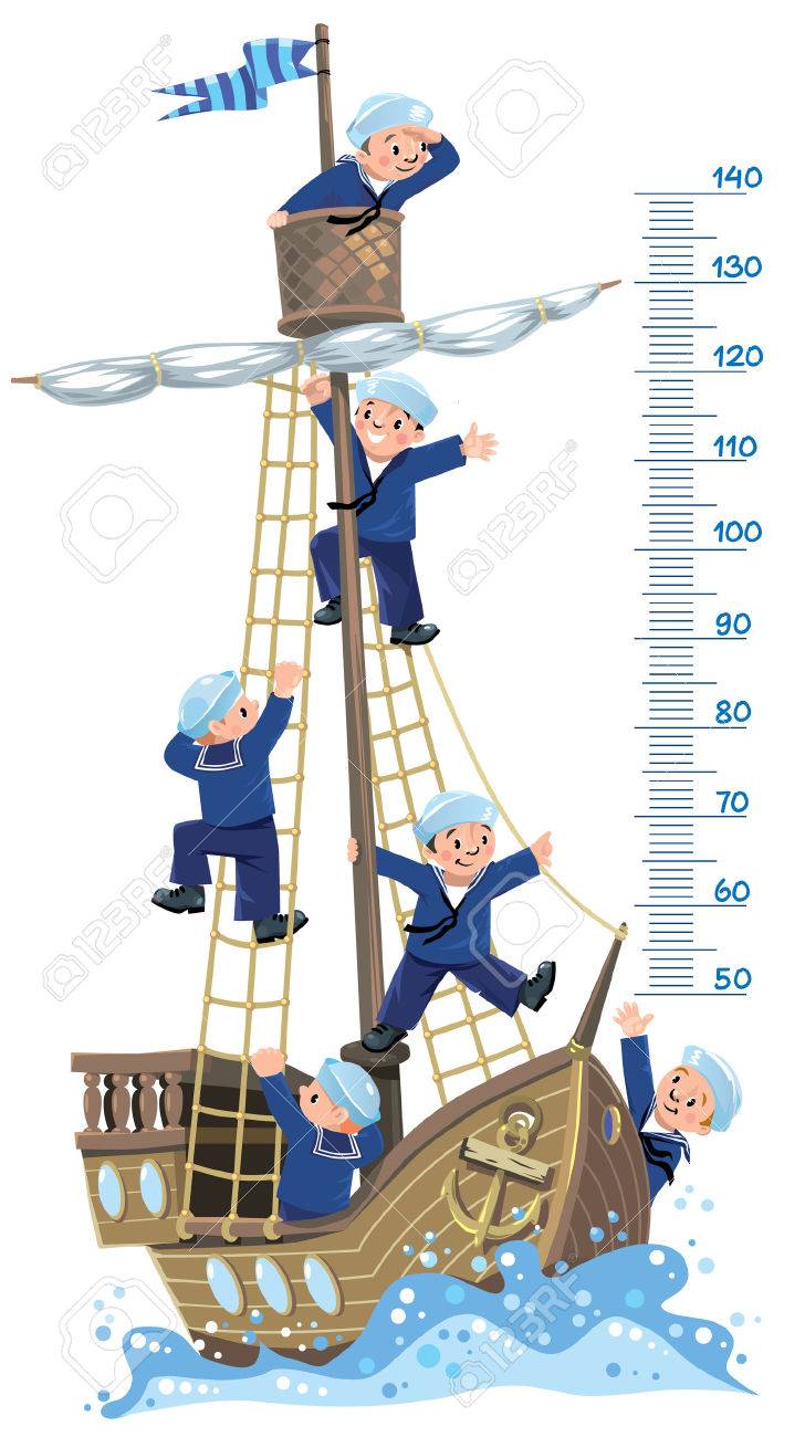 船メートルの壁 6 陽気な男の子 ベストとセーラー帽子の船員のチームと木製帆船のベクトル イラスト のイラスト素材 ベクタ Image