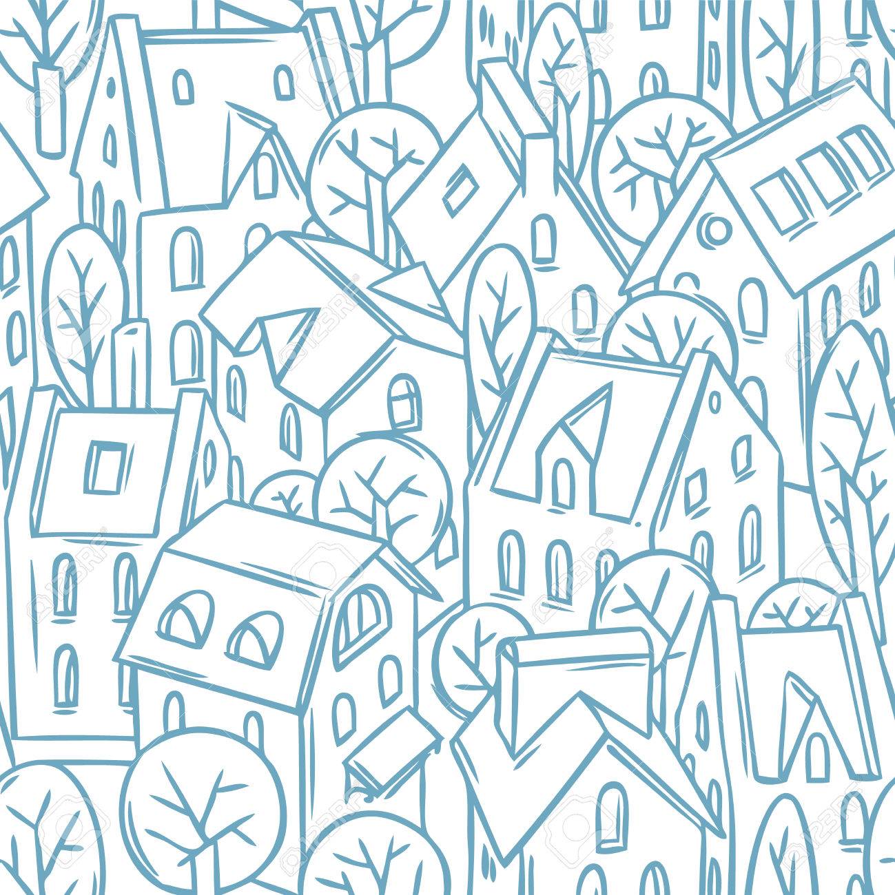 都市住宅 木やリノリウムまたは木版画のスタイルの屋根とシームレスなパターン のイラスト素材 ベクタ Image