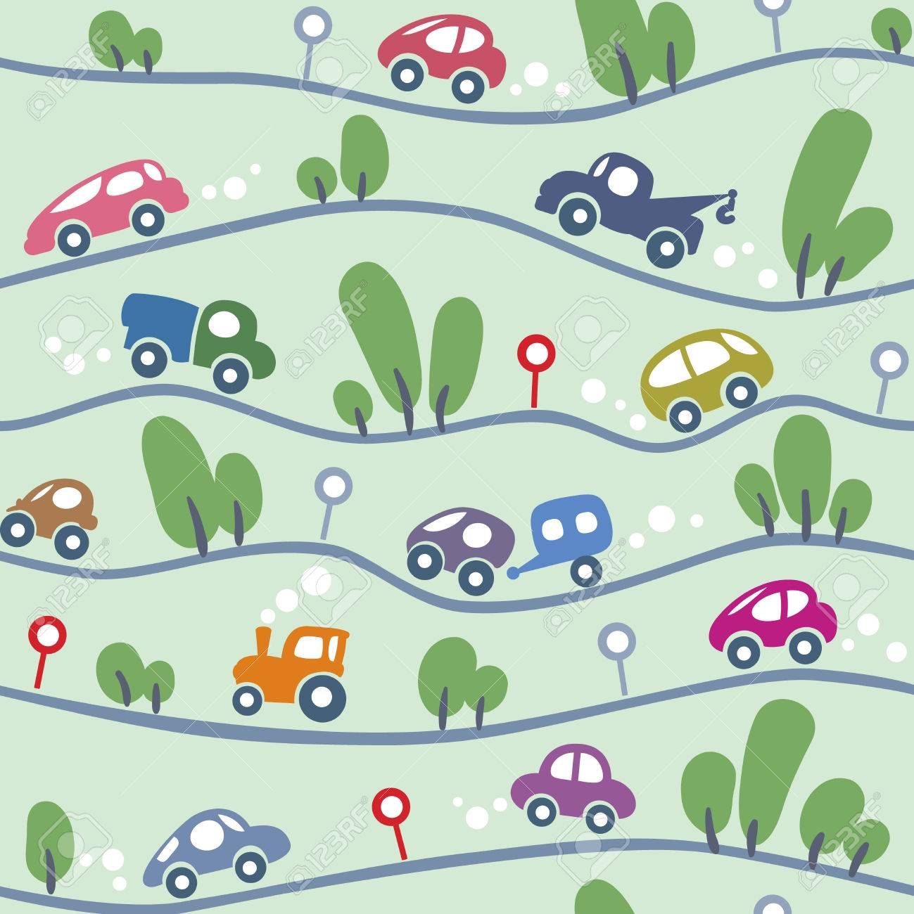 Seamless Pattern Of Small Funny Cars On The Hilly Road With Trees Seamless Pattern Of Small Funny Cars On The Hilly Road With Trees