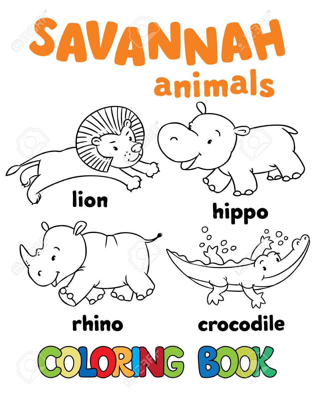 Set Of Funny Lion Hippo Rhino And Crocodile Coloring Book Or Pictures