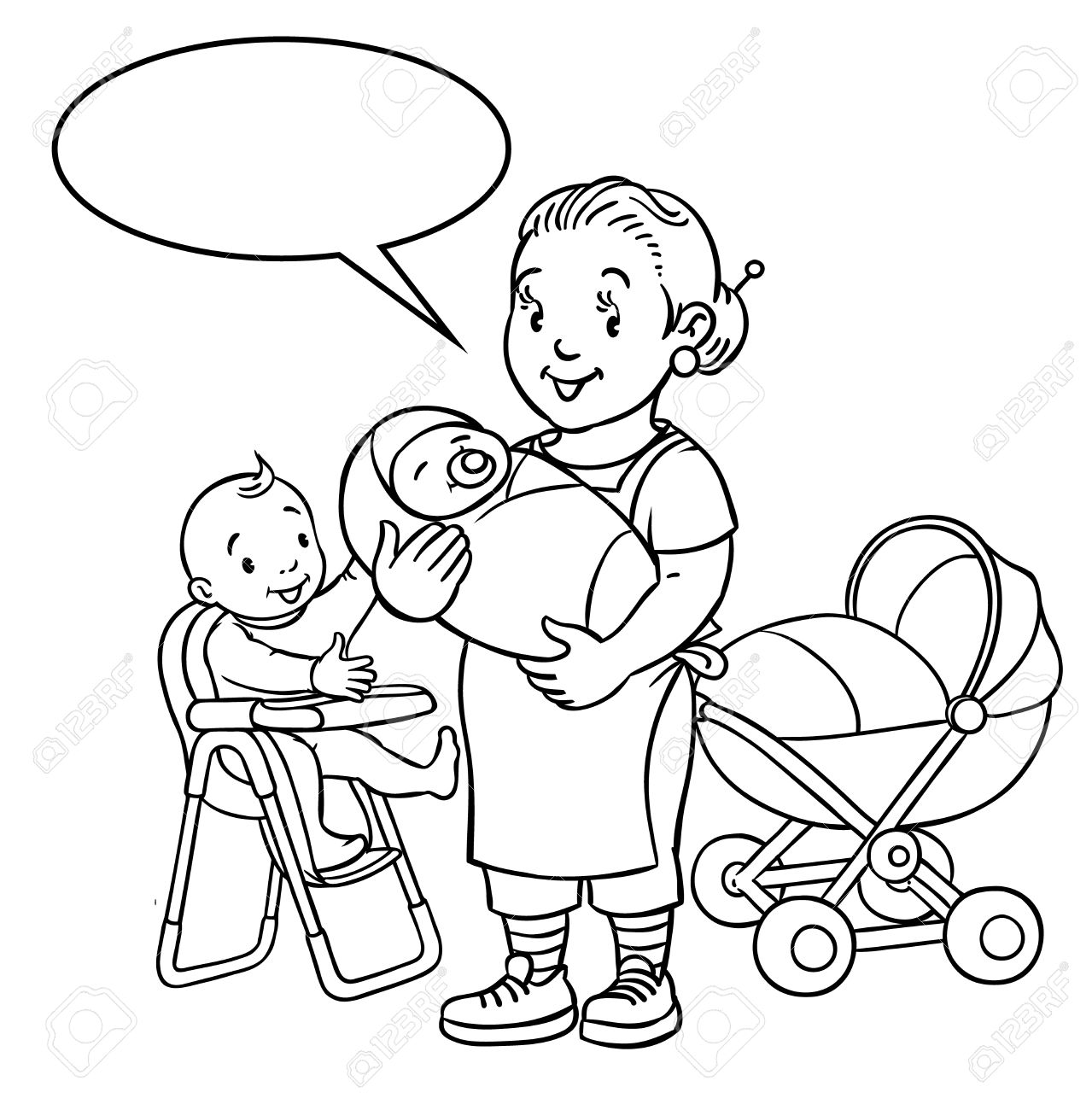 Coloring Book Of Funny Smiling Woman Mother Or Nanny With A Baby And Another One On The Highchair Near The Stroller Profession Abc Series Children Vector Illustration With Balloon For Text Royalty Coloring Book Of Funny Smiling Woman Mother Or Nanny With A Baby And Another One On The Highchair Near The Stroller Profession Abc Series Children Vector Illustration With Balloon For Text Royalty
