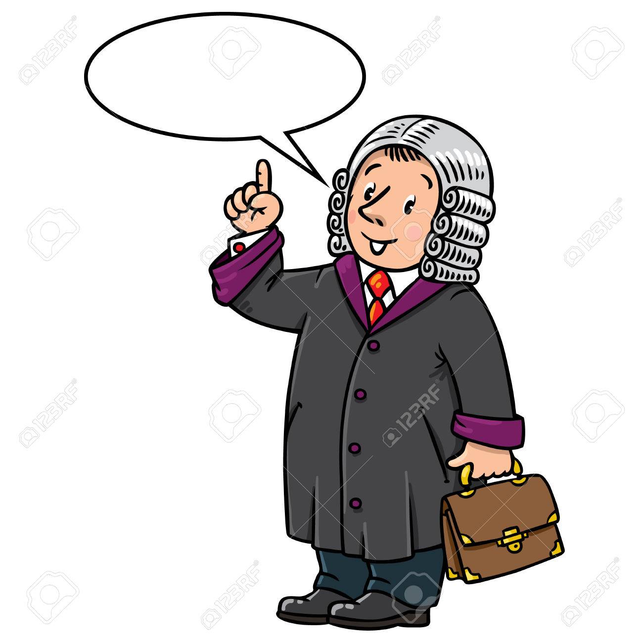 子供たちはベクトルおかしい裁判官のイラストです バリスターのかつら ブリーフケースと マントに身を包んだ男を親指を理解 します 職業シリーズ テキストの吹き出しでのイラスト素材 ベクタ Image