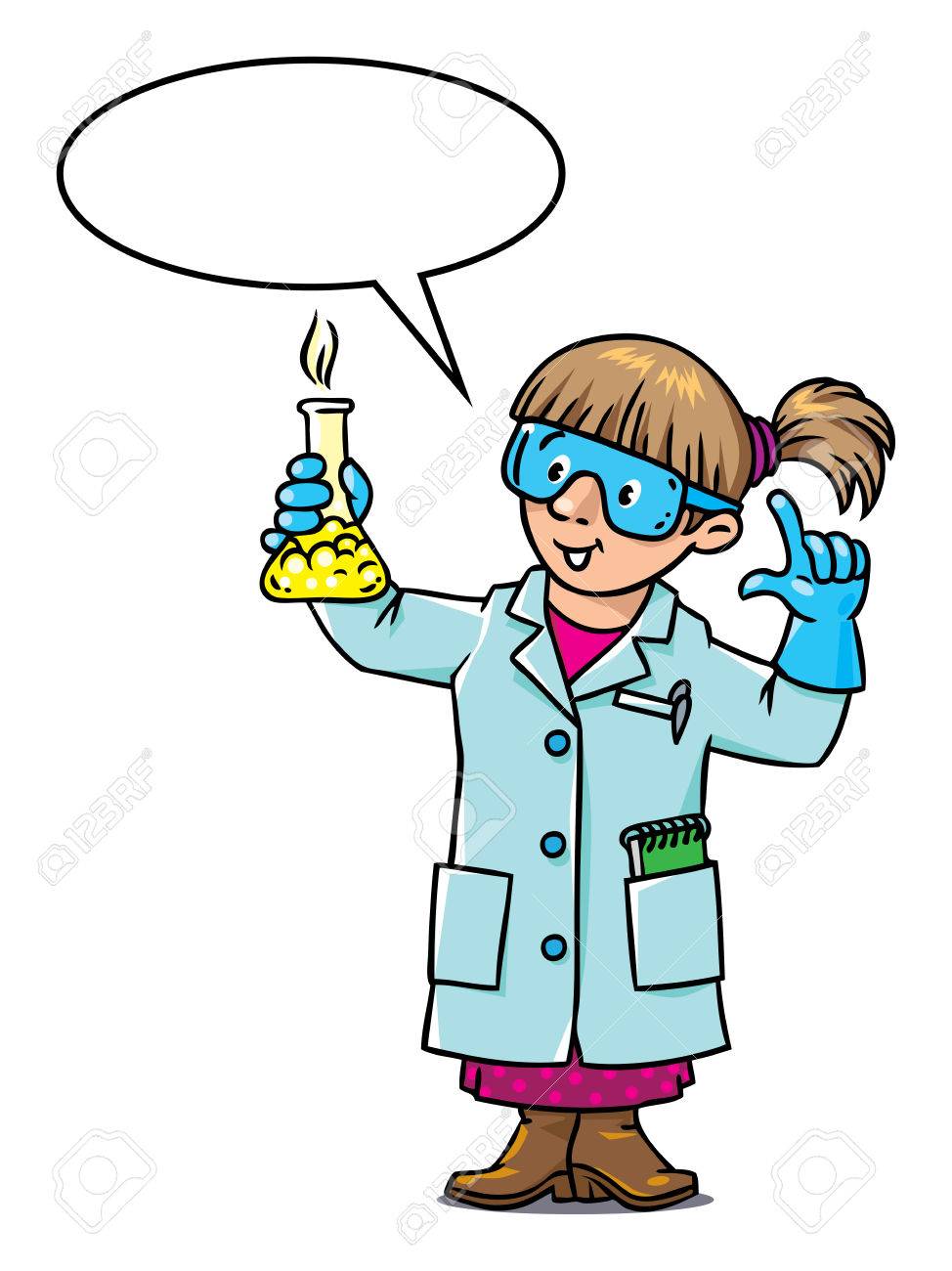 Illustration Vectorielle Pour Enfants De Chimiste Drôle Ou Scientifique Une Femme à Lunettes Vêtue Dune Blouse De Laboratoire Et Des Gants Avec Une