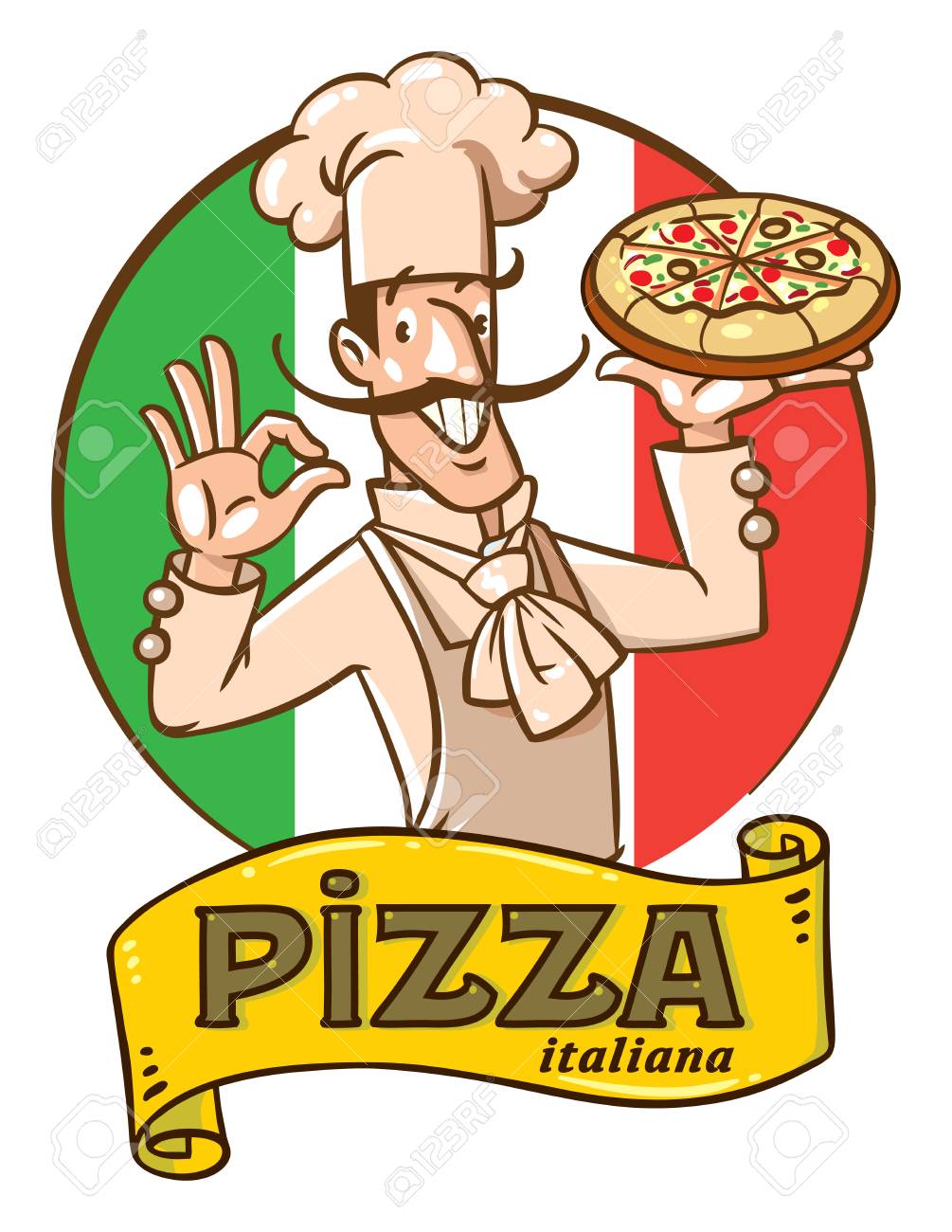 Chef Italien Drole Avec Pizza Conception D Embleme Clip Art Libres De Droits Vecteurs Et Illustration Image