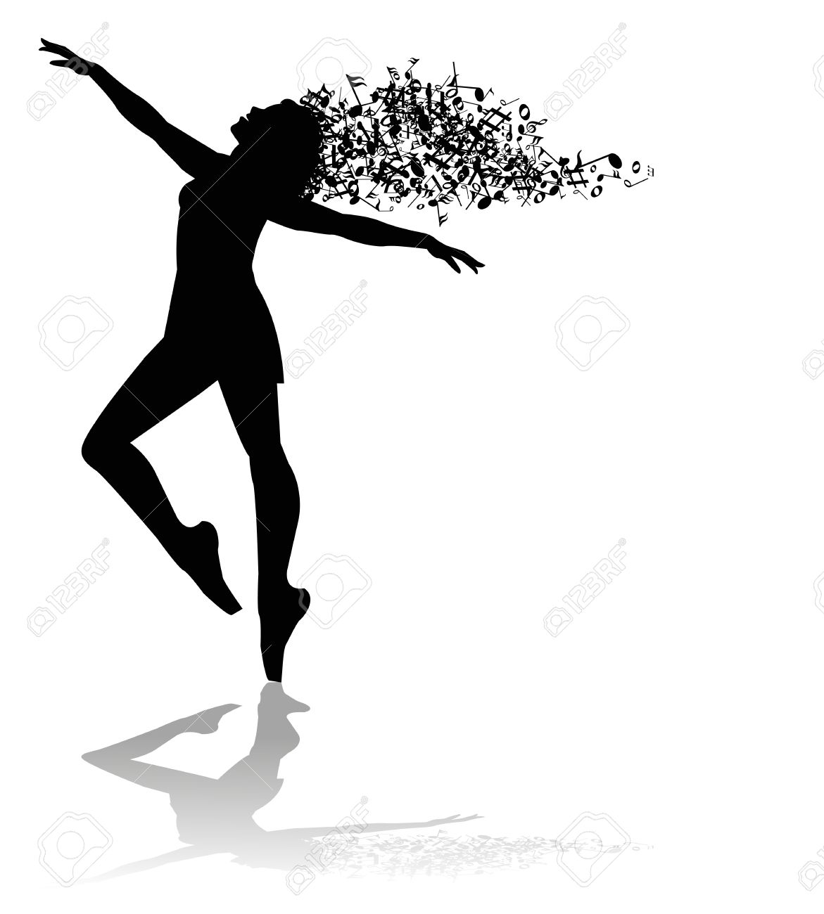 silueta de bailarín y las notas musicales ilustraciones vectoriales