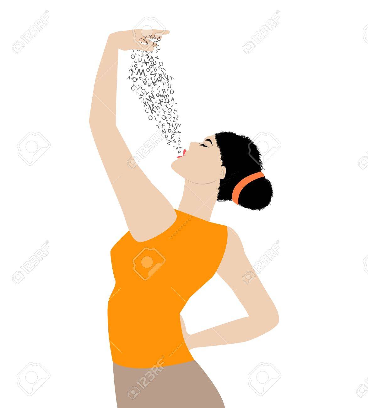 アルファベットの文字を吸い込むことの女性の象徴的な図のイラスト素材 ベクタ Image