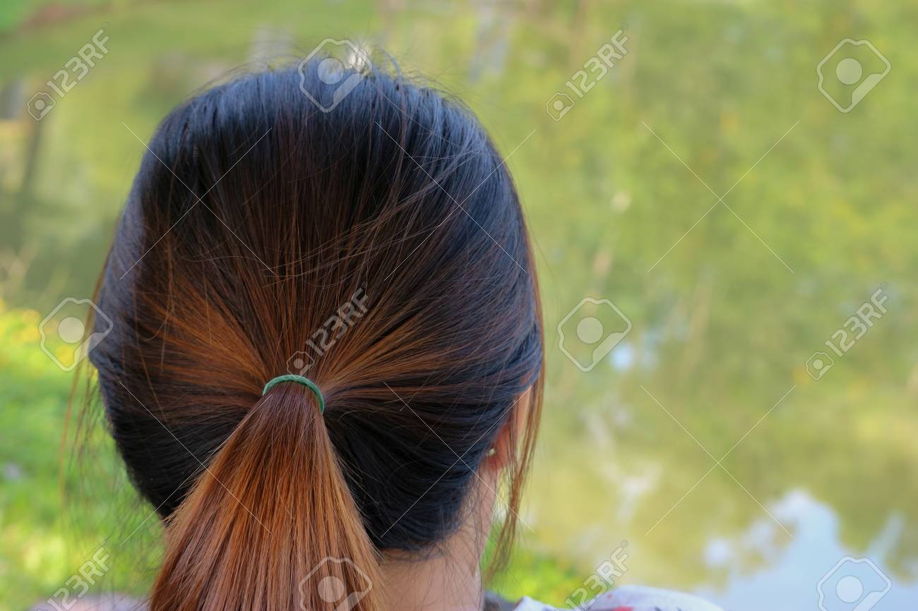 Backside Head Of Asian Woman Who Has Brown Color Highlight On