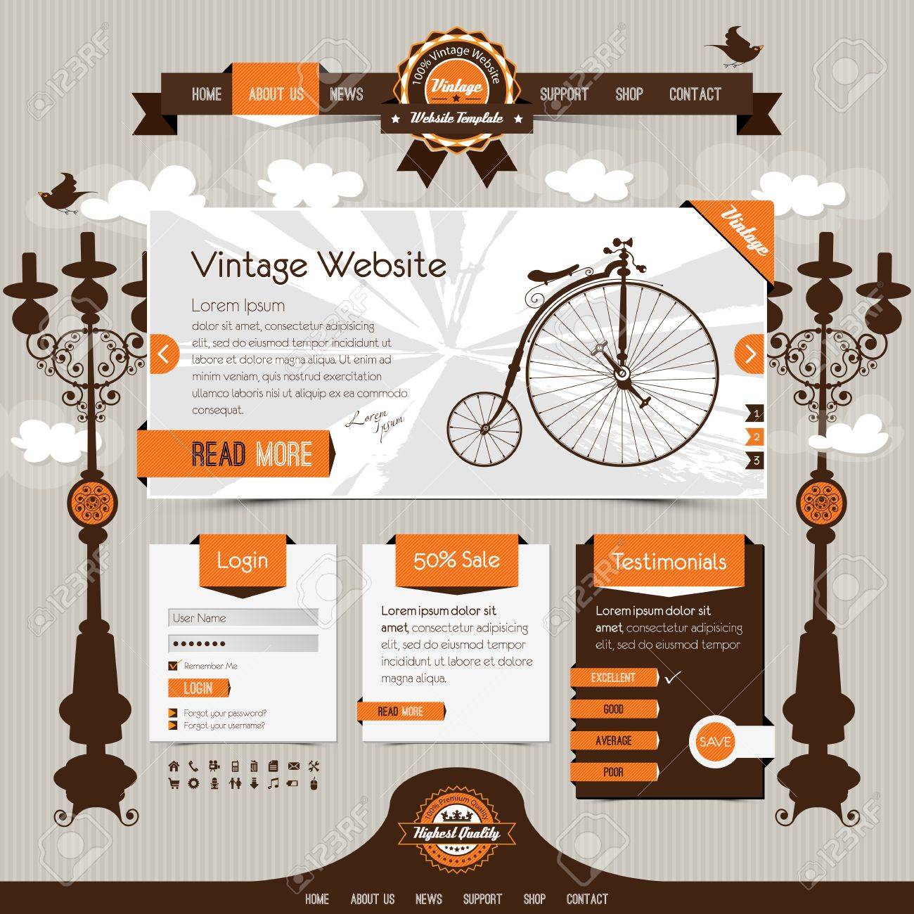 vintage website template with retro classic elements and textured