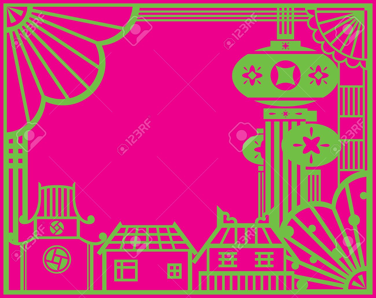 chinese paper cut village and lanterns design graphic design