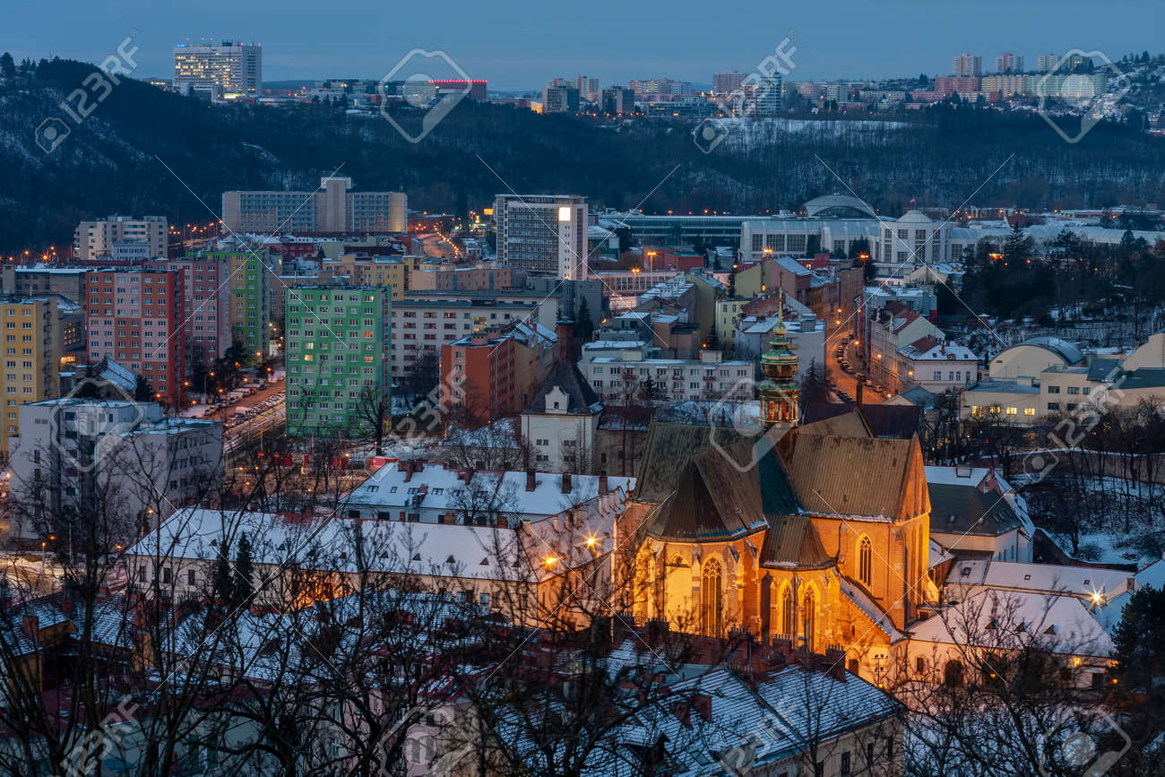 Panoramic view of the Mendel Square with The Basilica of the Assumption of Our Lady in Brno in Czech Republic. Winter sunrise time. On background under the hill Brno Exhibition center. - 163052066 Panoramic view of the Mendel Square with The Basilica of the Assumption of Our Lady in Brno in Czech Republic. Winter sunrise time. On background under the hill Brno Exhibition center. - 163052066