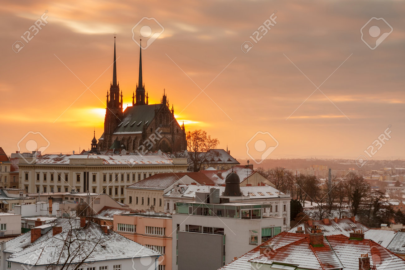 Aerial view of the Cathedral of Saints Peter and Paul in Brno in Czech Republic. Long exposure, used neutral density filter at winter sunrise time. View from Spilberk Castle - 163052072 Aerial view of the Cathedral of Saints Peter and Paul in Brno in Czech Republic. Long exposure, used neutral density filter at winter sunrise time. View from Spilberk Castle - 163052072