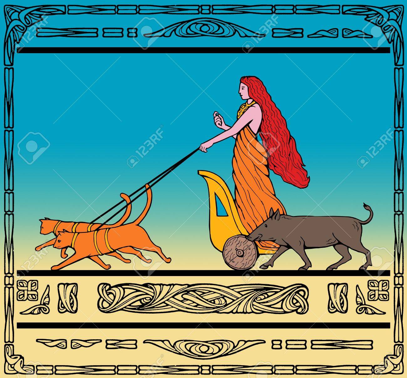 フレイヤー北欧の愛と美の女神彼女の 2 匹の猫と野生のイノシシが引く馬車に乗って の写真素材 画像素材 Image