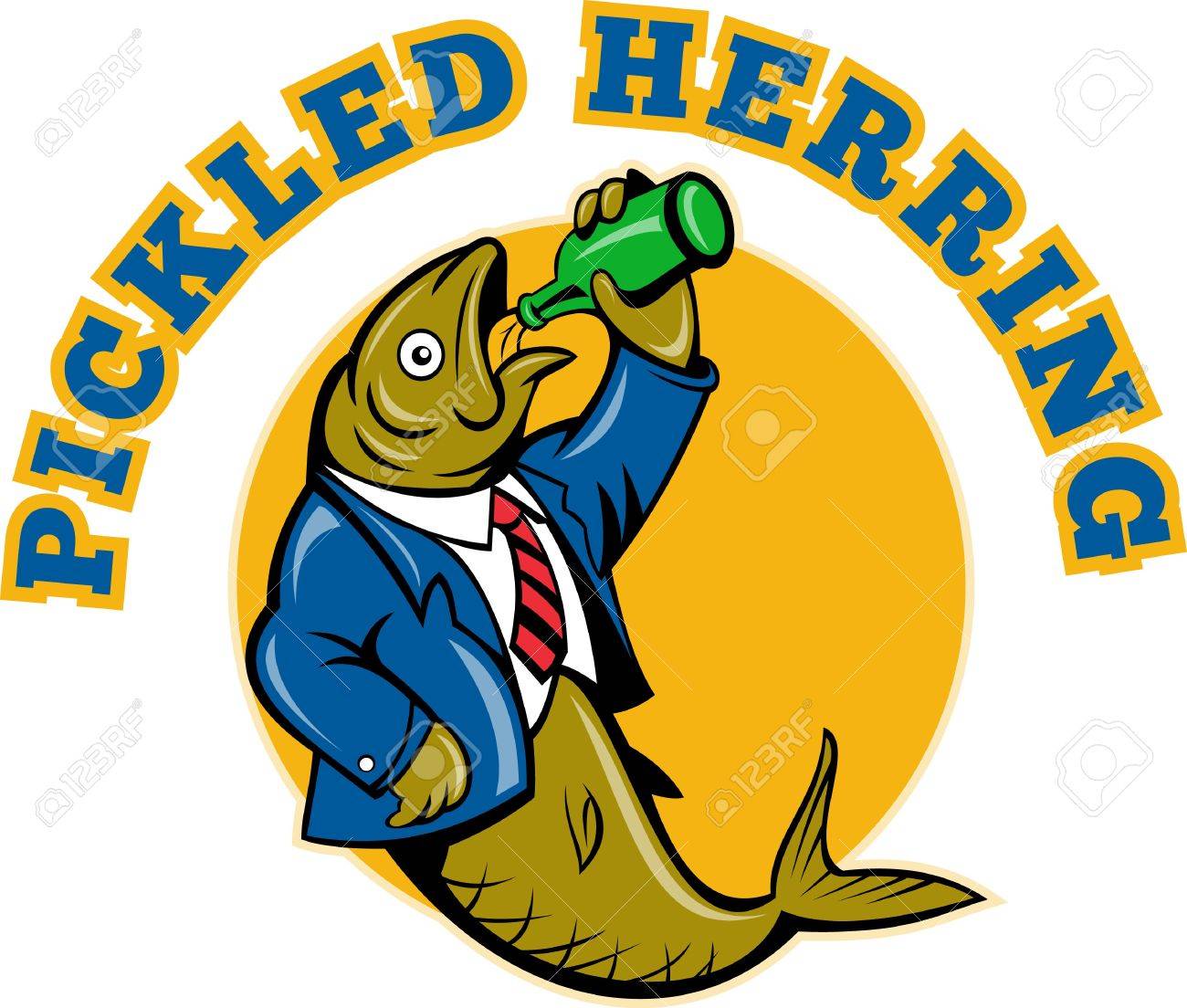 漫画のイラスト ニシン魚言葉 ニシンの酢漬け と白で隔離ビール瓶を飲んでビジネス スーツ の写真素材 画像素材 Image