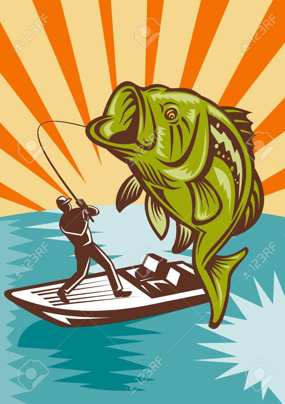 レトロなスタイルで行われて釣りロッドと低音のボート上のフライ漁師によってまいてされている大きな口低音魚ジャンプのイラスト の写真素材 画像素材 Image