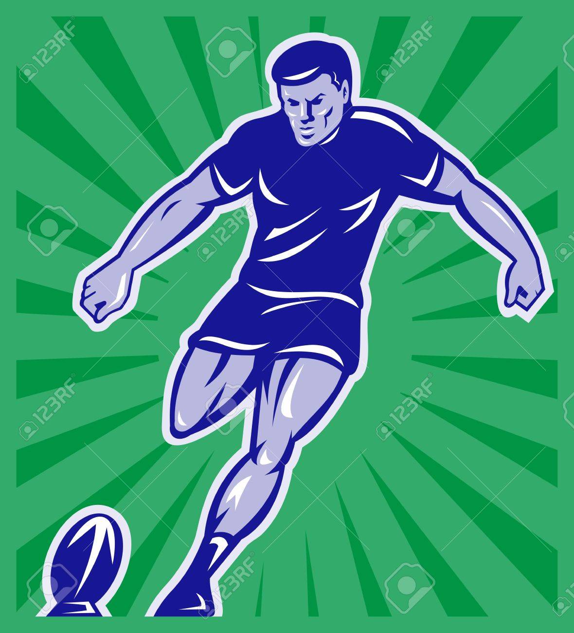 レトロなスタイルで行うバック グラウンドで正面サンバーストをボールを蹴るラグビー選手のイラスト の写真素材 画像素材 Image