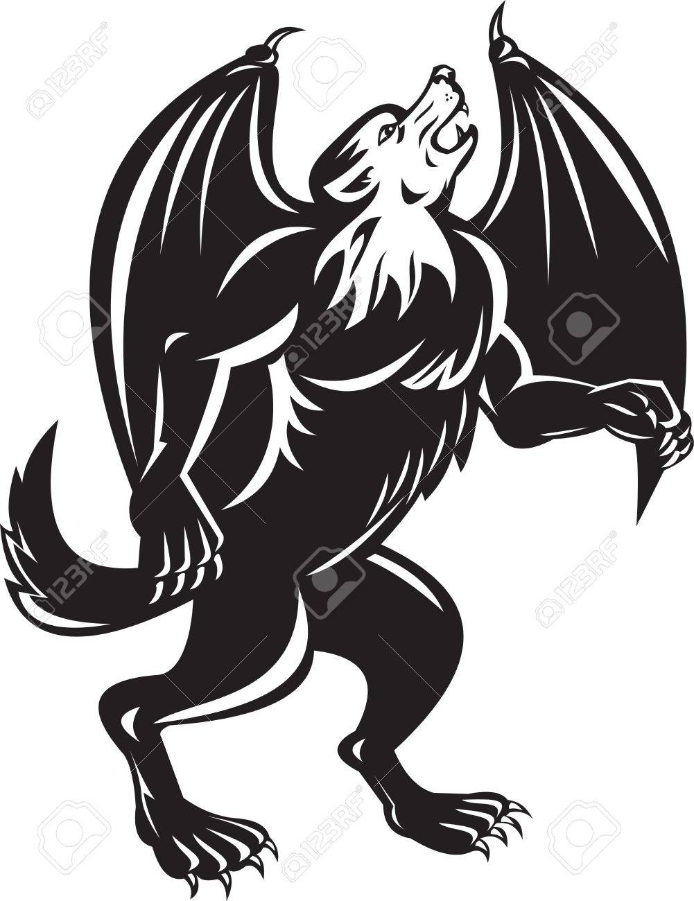 Kludde バットで 大きな黒い犬は 神話上のベルギー獣の図のような翼と歩くそれを直立 S 後ろ足分離白地に黒と白で行われる側に直面しています の写真素材 画像素材 Image