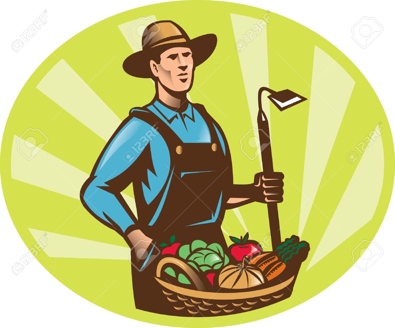 レトロな木版画のスタイルで行われる野菜果物穀物の収穫の完全なバスケットと帽子をかぶって 園芸用の鍬を保持している農夫のイラスト のイラスト素材 ベクタ Image