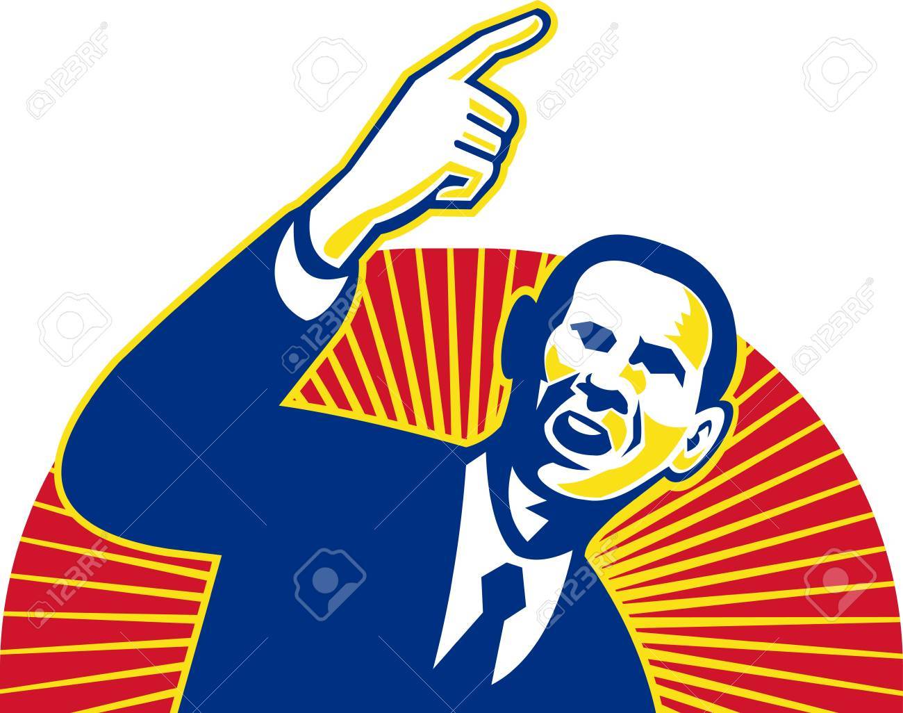 illustration of american president barack obama pointing forward half circle american flag