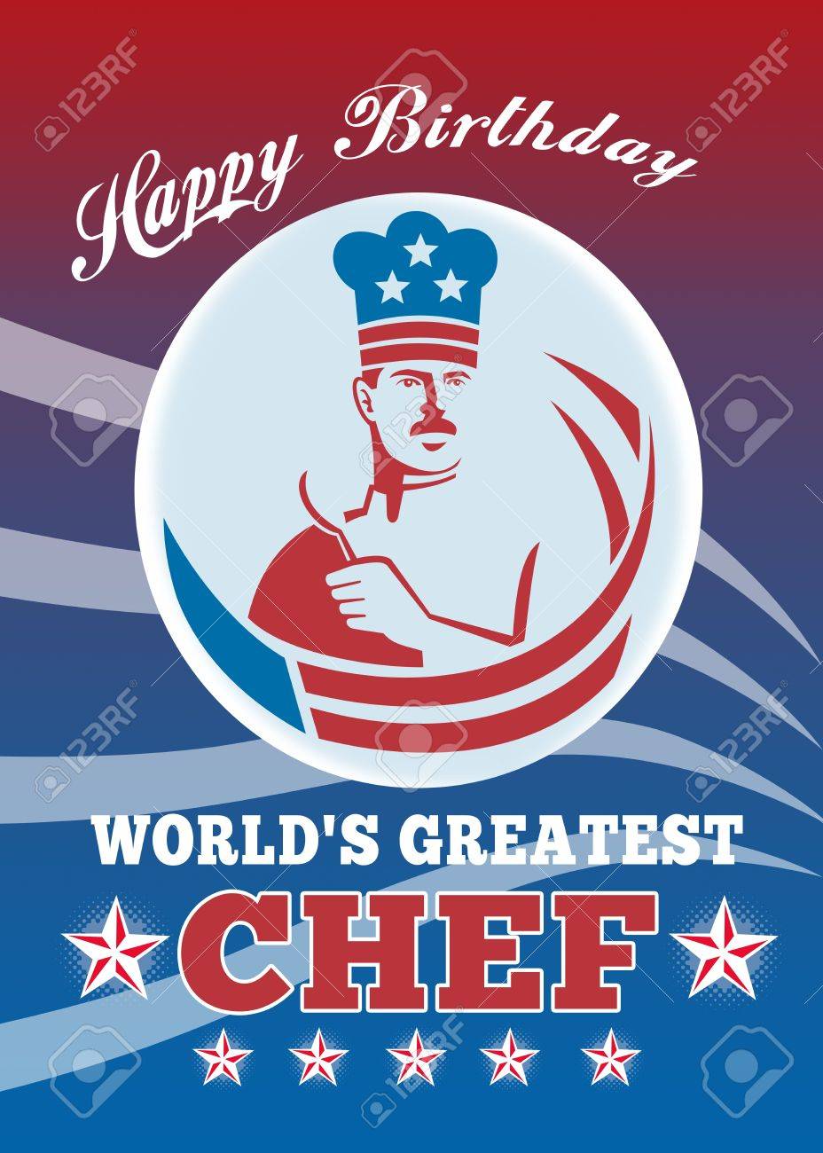 Hiver Illustration Affiche Carte D Une Spatule En Chef Americain Boulanger Cuisinier Tenue Face A Face Avec La Banniere Etoilee Fait Dans Le Style Retro Avec Le Monde Des Mots Joyeux Anniversaire Banque