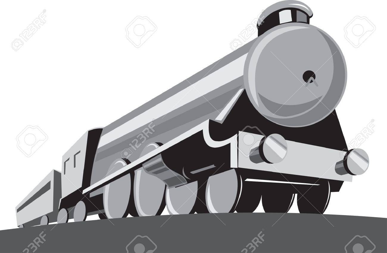 鉄道の蒸気機関車のイラスト分離白地にレトロなスタイルで行われる低角度から見た のイラスト素材 ベクタ Image