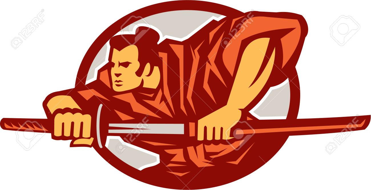 スタンス セット レトロなスタイルの楕円形内の戦いで刀を描くサムライ戦士のイラストのイラスト素材 ベクタ Image