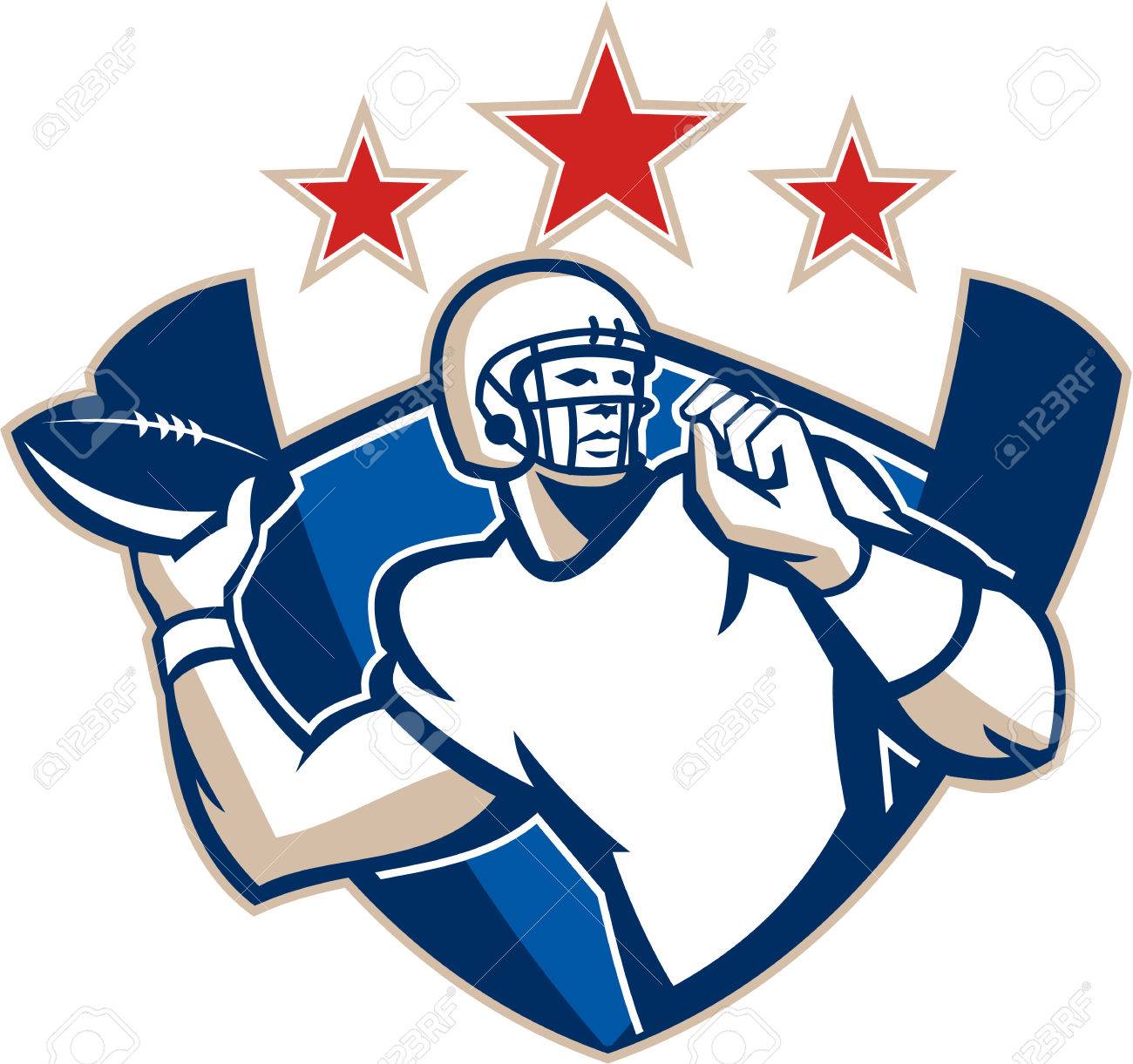 投げアメリカン フットボール アメフト クォーター バック プレーヤーのイラスト ボールに レトロなスタイルで行われる星条旗の旗紋章シールドの内側に直面して側セット のイラスト素材 ベクタ Image