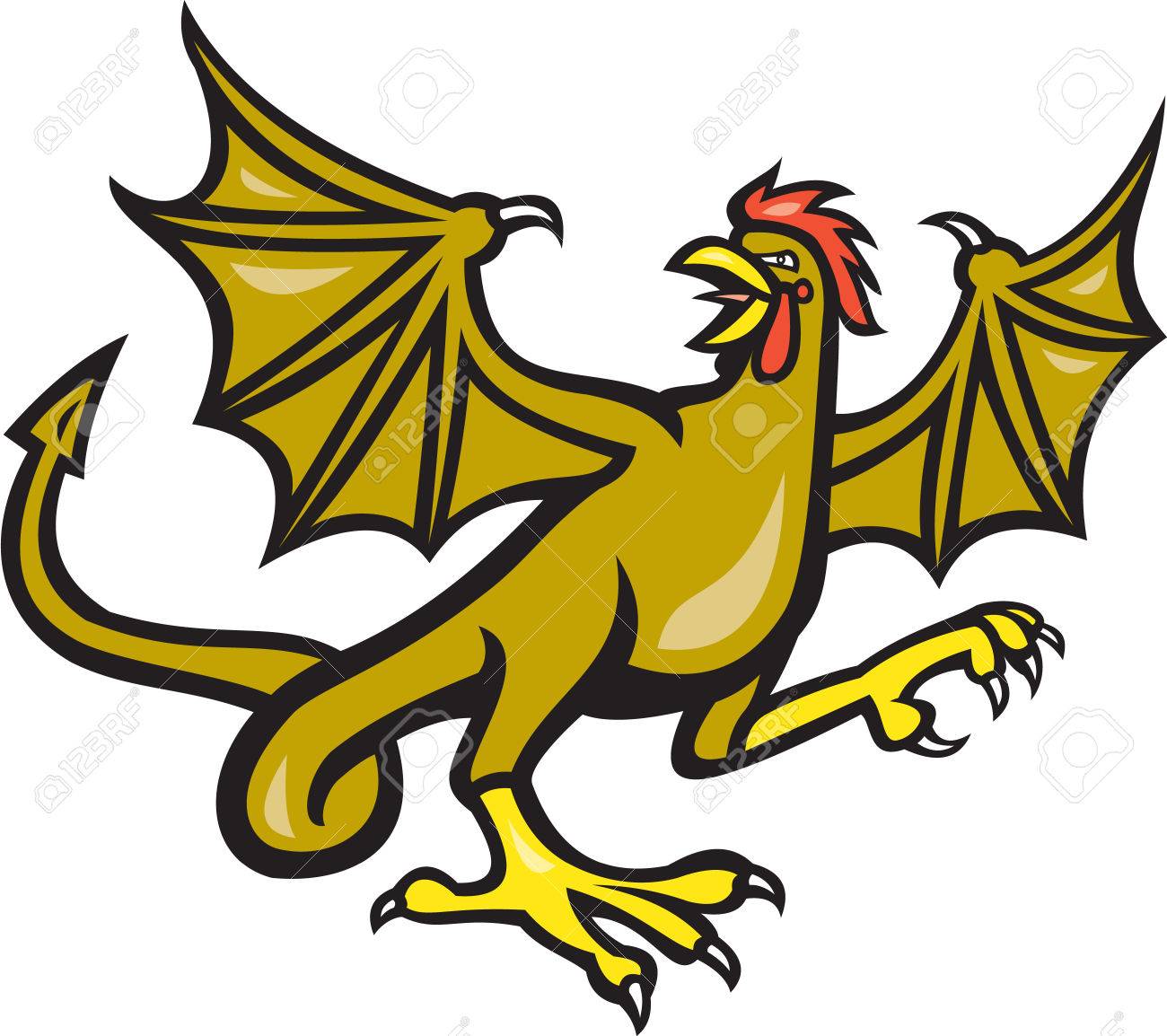 バジリスク 動物の頭 胴体およびオンドリ ヘビの舌 バットの翼の足と Arrowpoint 鳴くの孤立した背景に漫画のスタイルで行われるで終わるヘビのように臀部のイラスト のイラスト素材 ベクタ Image