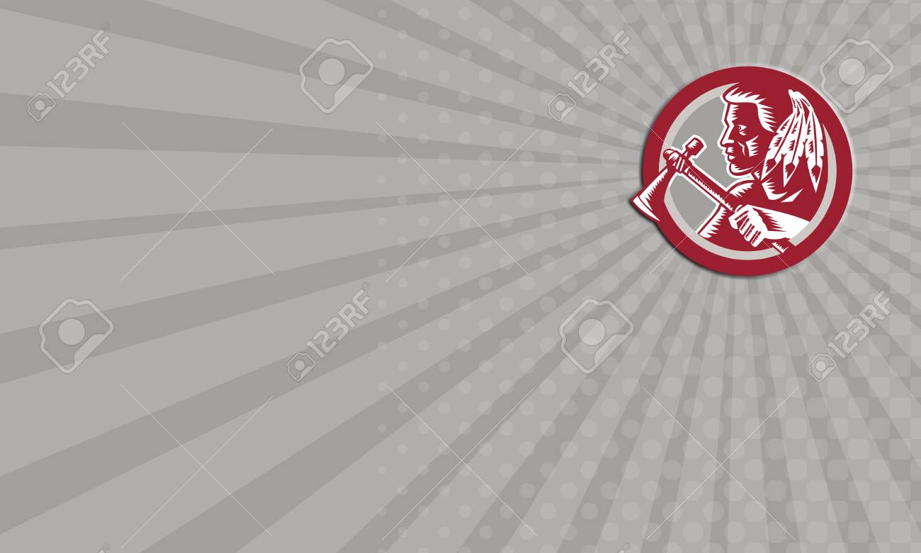 サークル分離の白い背景の上のレトロな木版画のスタイルで行う内部設定側から見たトマホークを保持しているネイティブ アメリカン インディアンのチーフ戦士の名刺のイラスト の写真素材 画像素材 Image