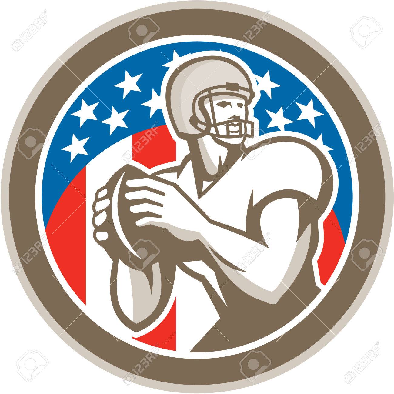 アメリカン フットボール アメフトのイラストは レトロなスタイルで行われる背景で星の円の内側を設定側に直面しているプレーヤーが投げるボールをクォーター バックします のイラスト素材 ベクタ Image アメリカン フットボール アメフトのイラストは レトロなスタイルで行われる背景で星の円の内側を設定側に直面しているプレーヤーが投げるボールをクォーター バックします のイラスト素材 ベクタ Image