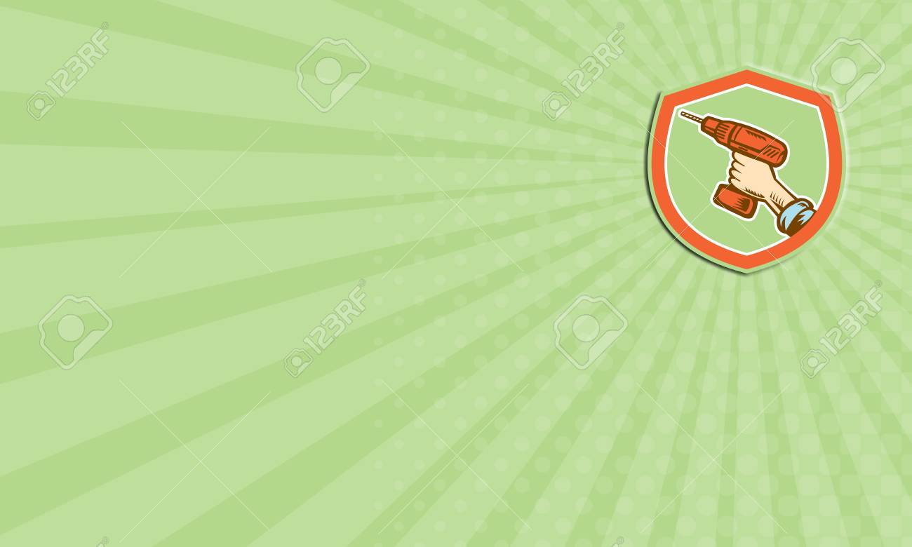 シールド クレスト形状のレトロな木版画のスタイルで行わ白で隔離内コードレス ドリルを持っている便利屋大工ビルダー手のイラスト名刺に設定 の写真素材 画像素材 Image