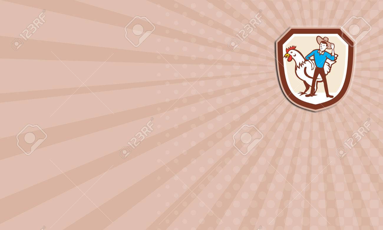 Business card showing illustration of a hen chicken fowl and male farmer set inside shield crest done in cartoon style. - 32172006 Business card showing illustration of a hen chicken fowl and male farmer set inside shield crest done in cartoon style. - 32172006