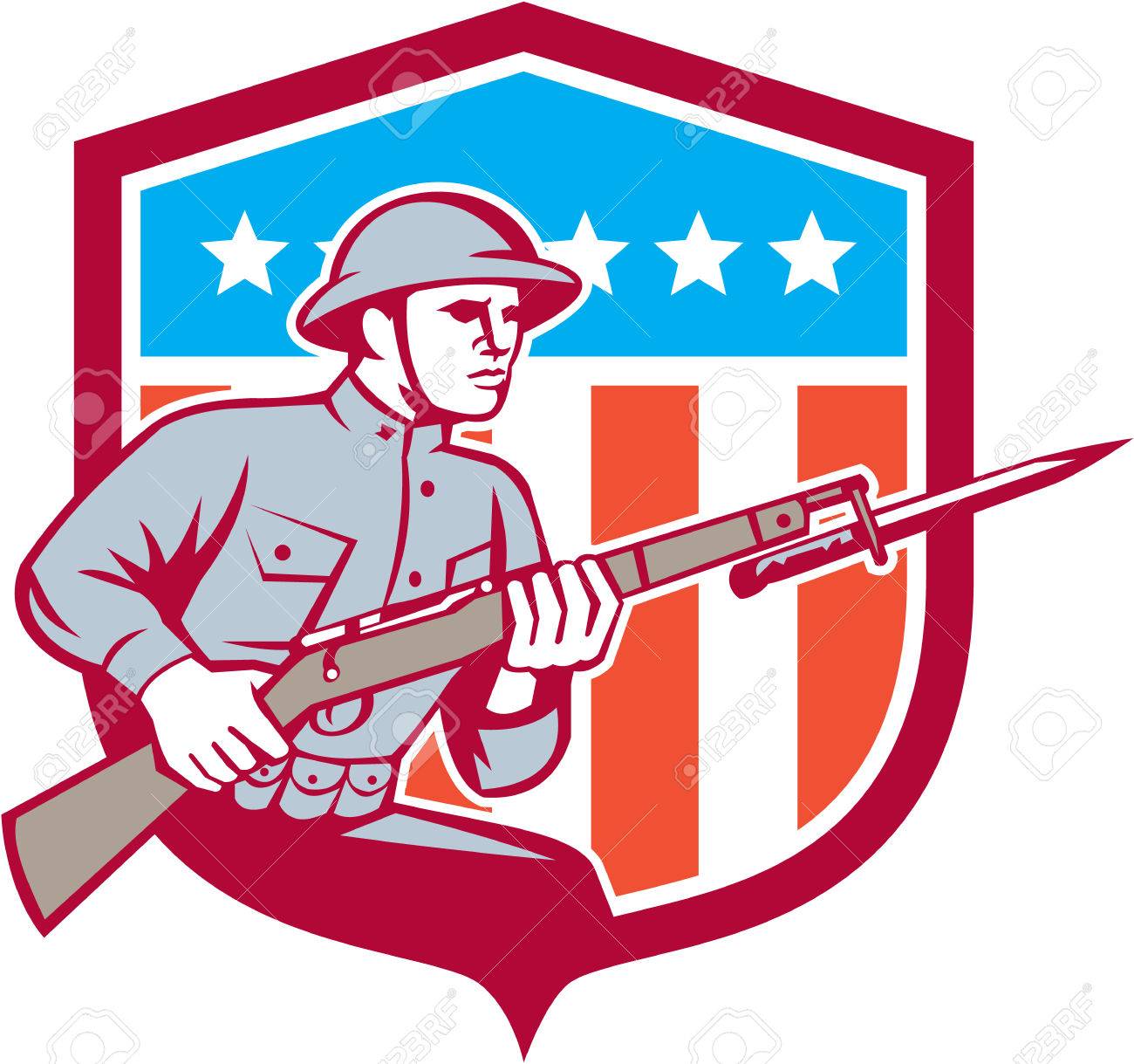 Ilustracion De Una Guerra Mundial Militar Soldado Estadounidense Con Fusil De Asalto Bayoneta Calada Visto Desde El Conjunto De Lado Dentro De Escudo Con American Estrellas Y Rayas De La Bandera En