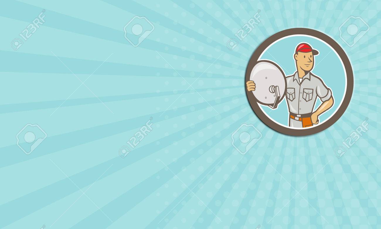 business card showing illustration of a cable tv installer guy cable tv installer