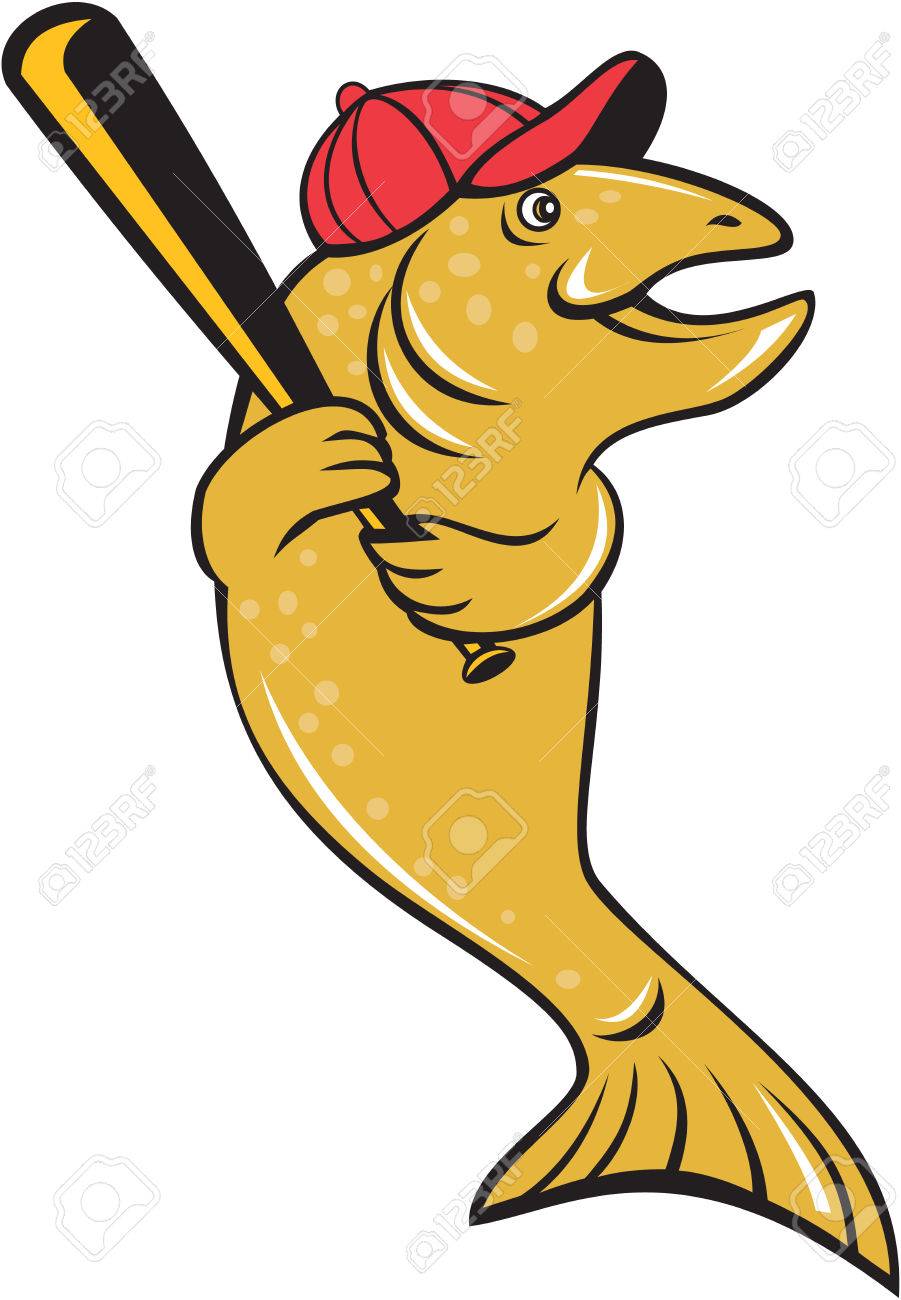 帽子野球とトラウト魚野球選手のイラスト漫画のスタイルで行われる分離の白い背景の上設定側にバッティング見てバットします のイラスト素材 ベクタ Image