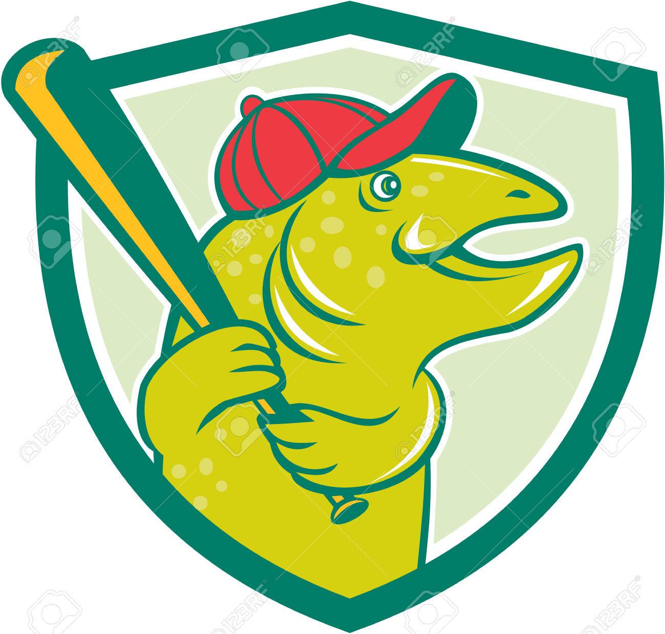 野球帽子とトラウト魚野球選手のイラスト バット打撃漫画のスタイルで行われる分離の背景に盾の紋章の内部設定側に探しています のイラスト素材 ベクタ Image