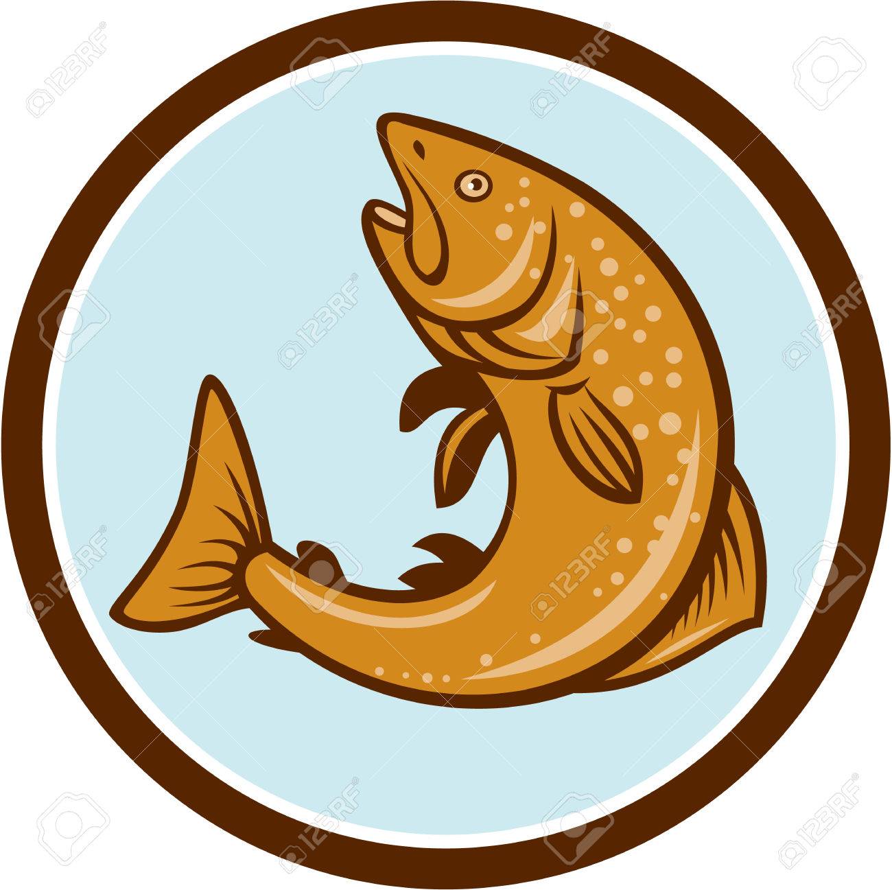 ジャンプ魚を発見したブラウントラウト虹のイラストは 漫画のスタイルで行われる分離の背景に円の中に設定側から見た のイラスト素材 ベクタ Image