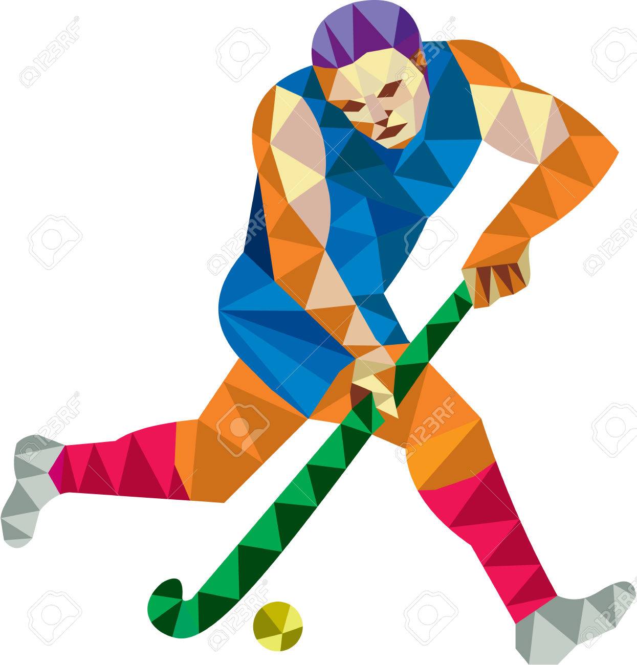 Low polygon style illustration of a field hockey player running with stick striking ball viewed from side set on isolated white background. - 37892242 Low polygon style illustration of a field hockey player running with stick striking ball viewed from side set on isolated white background. - 37892242