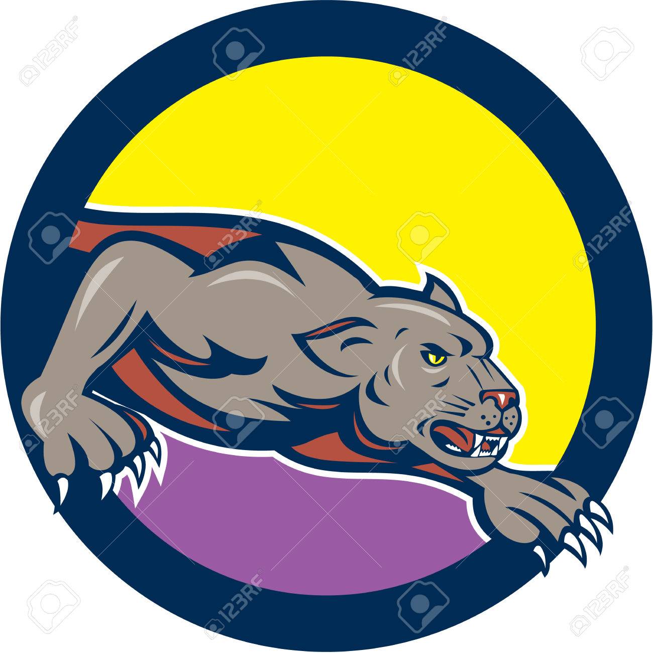 孤立した背景に円の中に黒豹大きな猫しゃがみセットの漫画スタイルのイラスト のイラスト素材 ベクタ Image