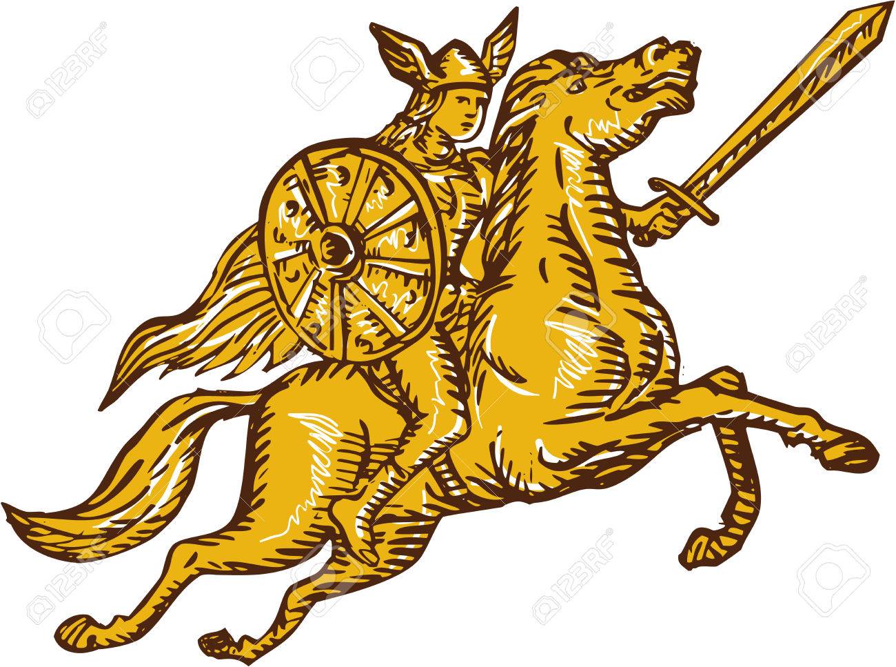 北欧神話女性アマゾン ライダー戦士剣と分離の白い背景の上に盾で馬に乗ってのバルキリーの手作りイラストを彫刻エッチング のイラスト素材 ベクタ Image