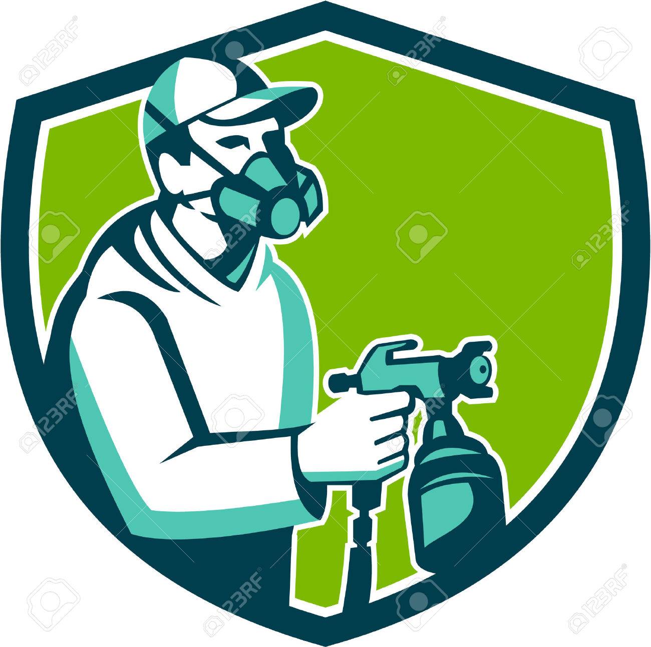 噴霧塗装スプレーガンを持って顔車画家マスクのイラストは レトロなスタイルで行われるシールド クレスト内側から見た のイラスト素材 ベクタ Image