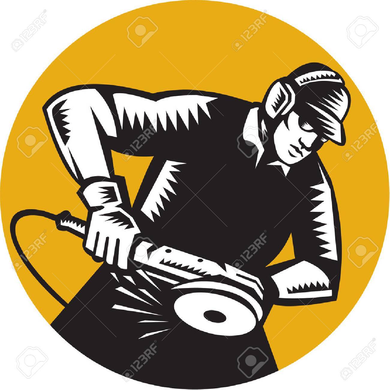 レトロな木版画のスタイルで行われるサークル内側から見たアングル グラインダー作業を保持している帽子と耳のマフを身に着けているワーカーのイラスト の イラスト素材 ベクタ Image レトロな木版画のスタイルで行われるサークル内側から見たアングル グラインダー作業を保持している帽子と耳のマフを身に着けているワーカーのイラスト の イラスト素材 ベクタ Image