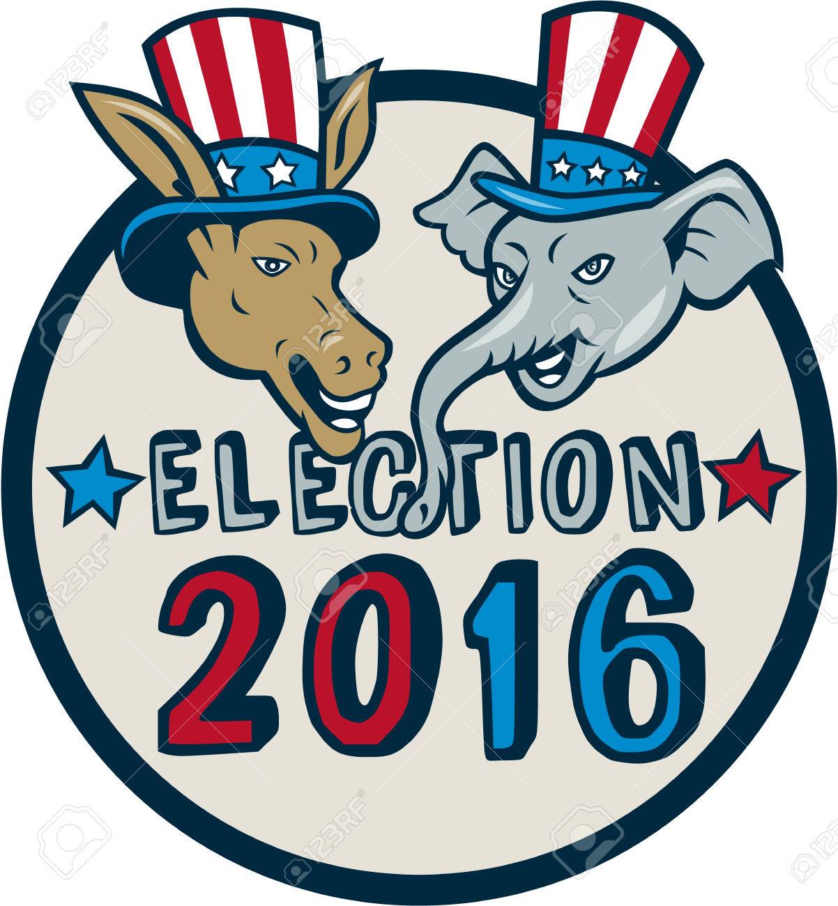 illustration of democrat donkey head mascot and republican elephant