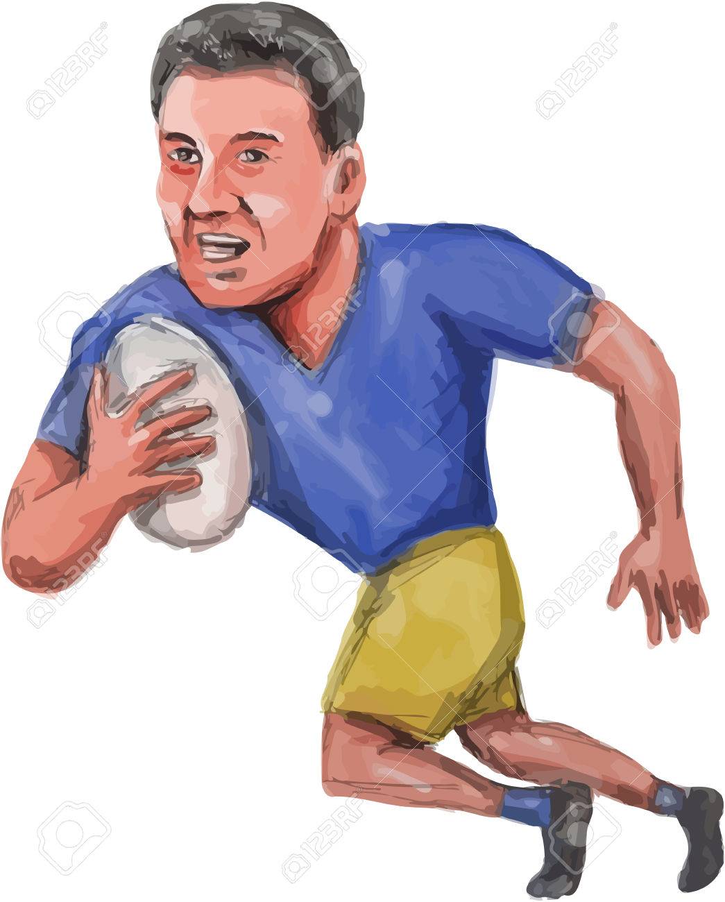 ボール正面から見た分離の白い背景の上の実行中のセットのラグビー プレーヤーの似顔絵イラスト のイラスト素材 ベクタ Image