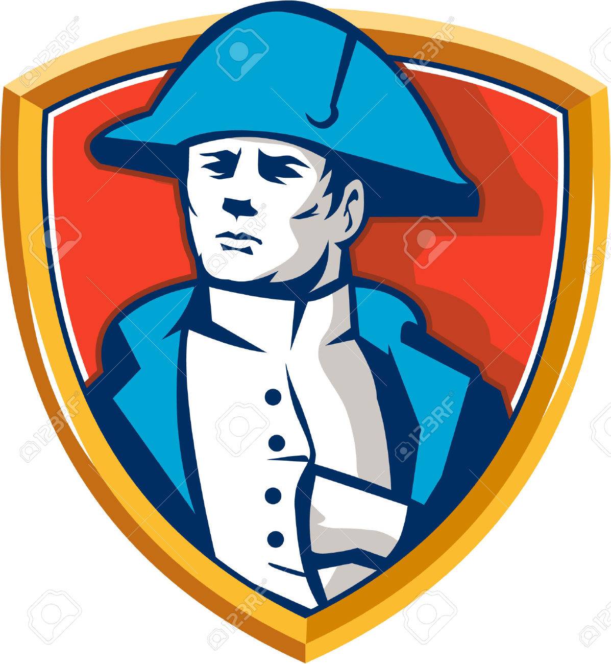 フランスの一般的な指揮官ナポレオン ボナパルト身に着けている双角枝角 Twihorn ハット帽子レトロなスタイルで行われるシールド クレスト内コート内側の手のイラストです のイラスト素材 ベクタ Image