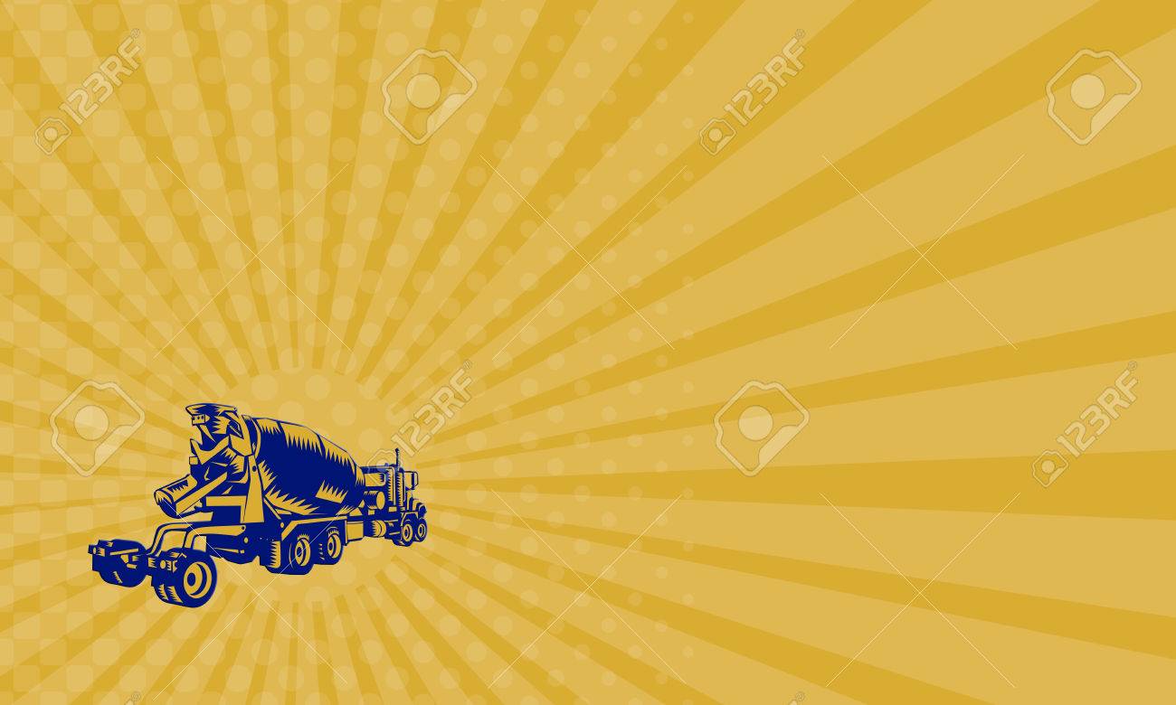 セメント トラック車両のイラストを示すビジネス カードは背面のレトロな木版画のスタイルで行われる分離の白い背景の設定から表示 の写真素材 画像素材 Image