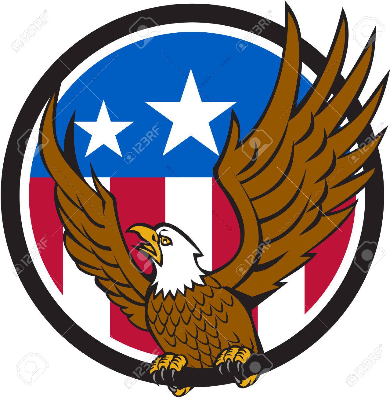 前部セット レトロなスタイルで行うバック グラウンドでアメリカ アメリカ国旗で円の内側から見たその羽を広げている側にいる白頭鷲のイラスト のイラスト素材 ベクタ Image